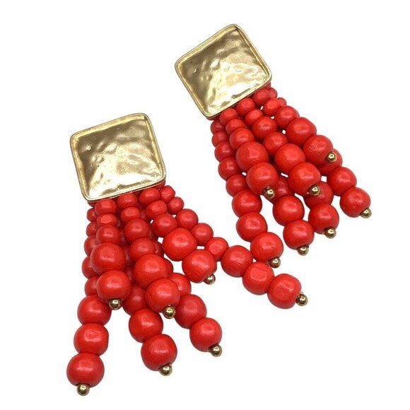 Boho Bamboo Beaded Tassel Earrings Gold Tone Red Orange - Picture 1 of 2